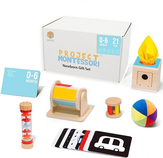 The Looker 0-6 Months Montessori Newborn Gift Set with 21 pieces designed for early sensory development, fine motor skills, and cognitive growth, featuring high-contrast cards, wooden roller toys, sensory fabrics, and more for ages 0-6 months.