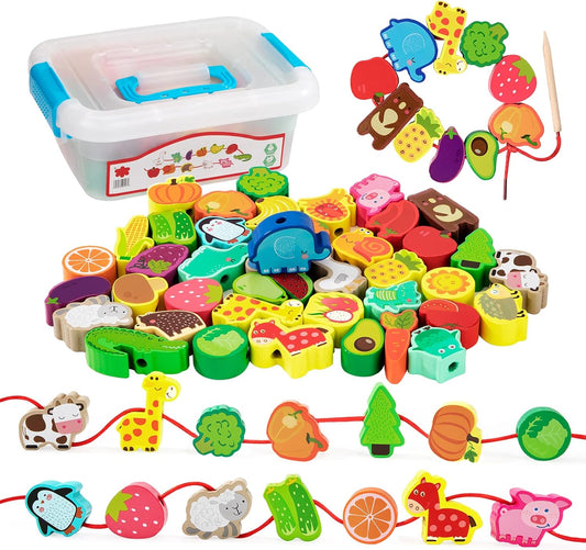 Montessori Wooden Stringing Animals, Fruits and Vegetables