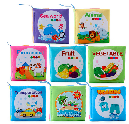 Best Seller: Baby Soft Books 8 PACK, Montessori educational soft books for babies featuring animals, fruits, and transportation for sensory and cognitive development