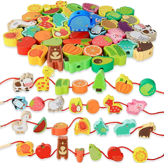 Montessori Wooden Stringing Animals, Fruits and Vegetables - Project Montessori